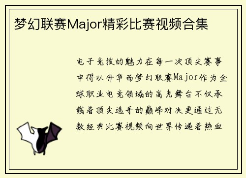 梦幻联赛Major精彩比赛视频合集